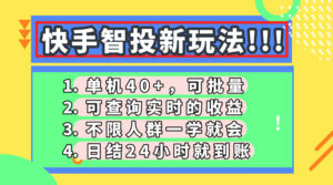 快手智投新玩法，单机日入40+，可批量，可查询实时收益，收益日结24小…