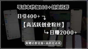 零成本秒加100+创业社群,日引400+高活跃创业粉丝,日赚2000+,附赠社…